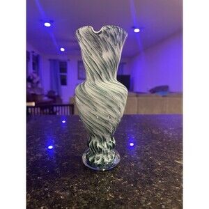 Blown Art Glass Pitcher Green & White Metalic Color In Foot